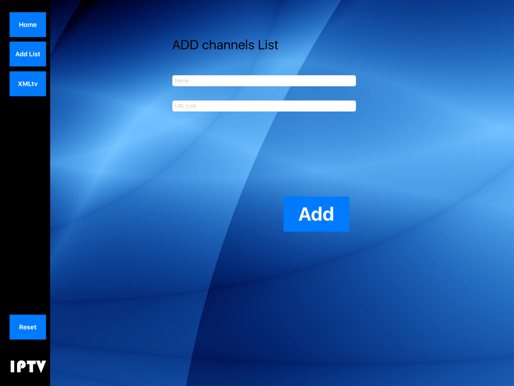 Iptv HD - Interface of Iptv HD app for adding a new channel list via URL on iPad