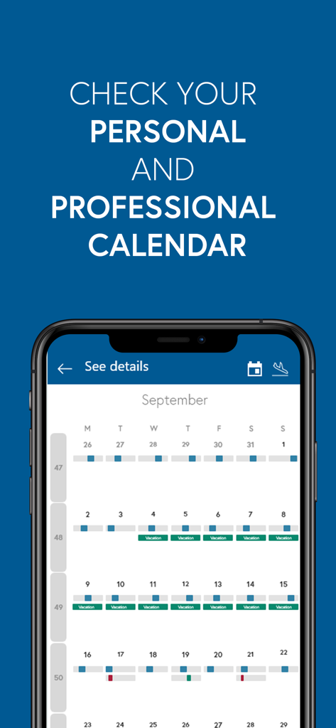 SISQUAL WFM - Aplicativo móvel SISQUAL WFM exibindo calendário de trabalho pessoal e profissional com turnos e detalhes de férias