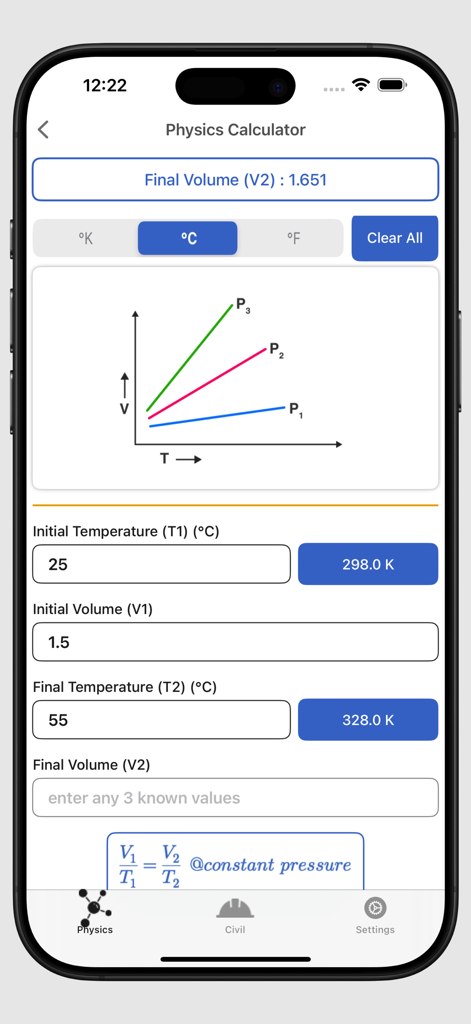 My Physics Calculator - My Physics Calculator app interface showing a volume and temperature calculation using Charles Law with a descriptive graph and formula