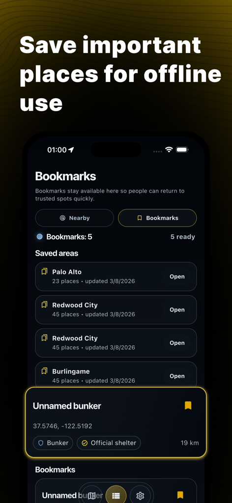 Bunkers & Shelters Map - Haven - Haven App-Bildschirm, der gespeicherte Notunterkünfte und Offline-Kartenbereiche anzeigt