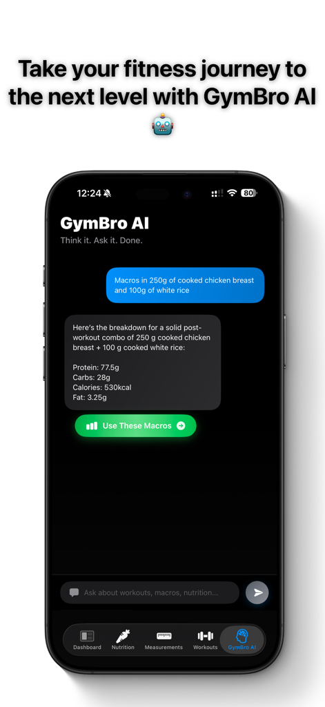 Interface do GymBro AI mostrando um detalhamento nutricional para uma consulta de refeição
