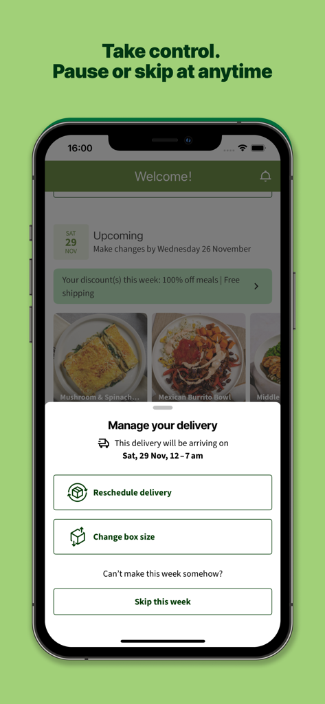 Youfoodz: Custom Meal Plan - Youfoodz app interface showing delivery management options including reschedule delivery change box size and skip this week
