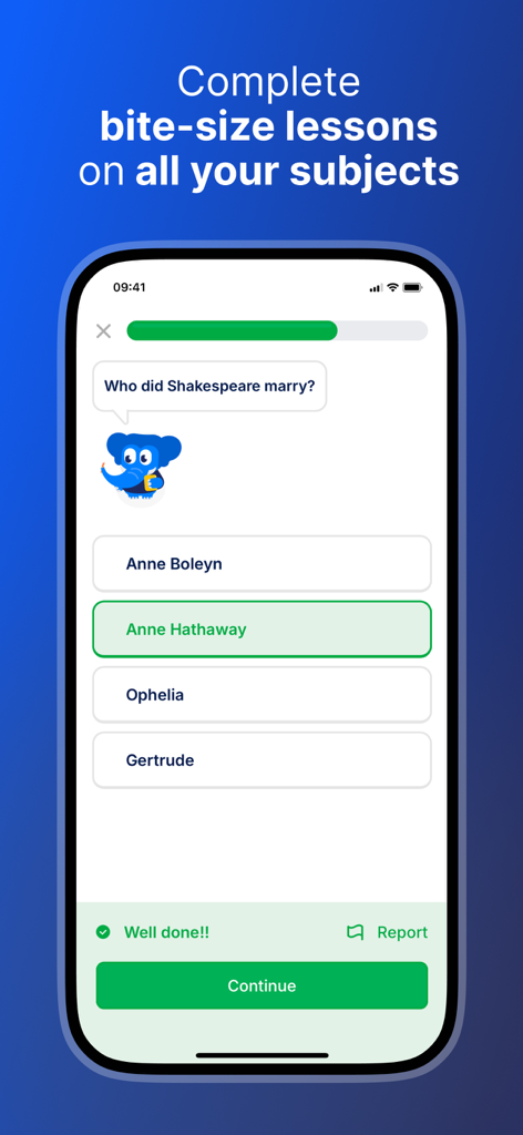 SimpleStudy: Exams & Revision - SimpleStudy app interface displaying a bite-sized quiz question with a correct answer.
