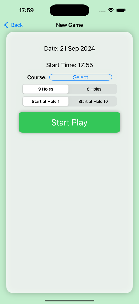 Easy Stroke Counter App-Oberfläche zum Einrichten eines neuen Spiels mit Optionen für 9 oder 18 Löcher