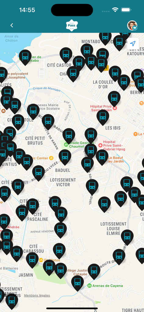 Smart Pass - Map showing bus stop locations in the Smart Pass app