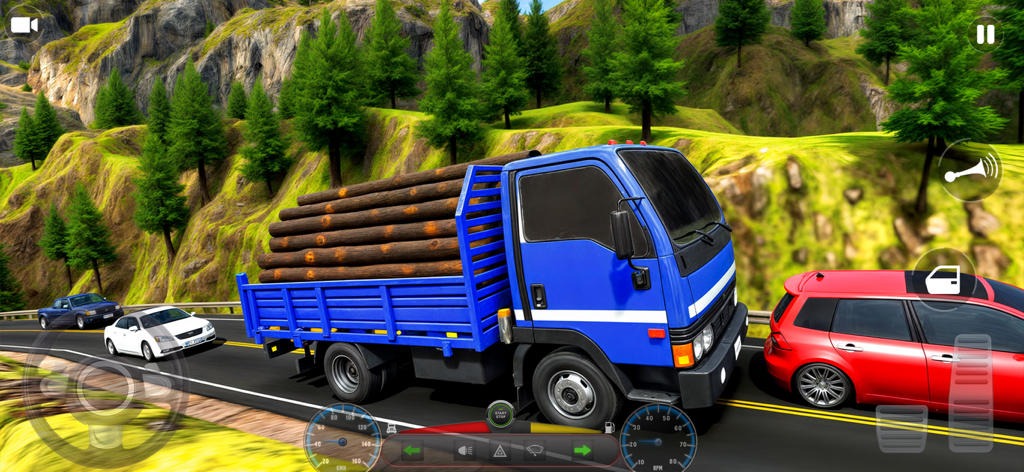 Pak Transport Truck Drive 3D - A blue cargo truck carrying wood logs on a winding mountain road in the Pak Transport Truck Drive 3D game