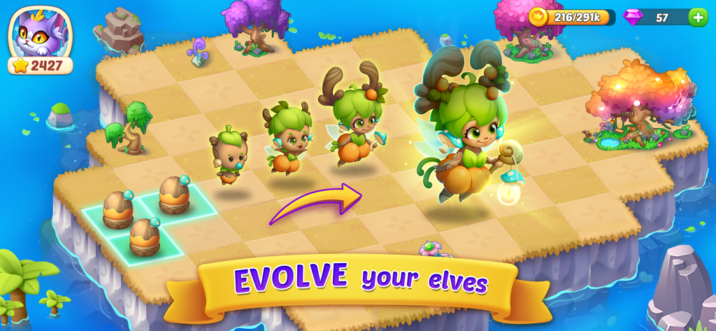 Merge Tales - Gameplay screenshot of Merge Tales showing the evolution stages of cute elf characters on a floating island garden