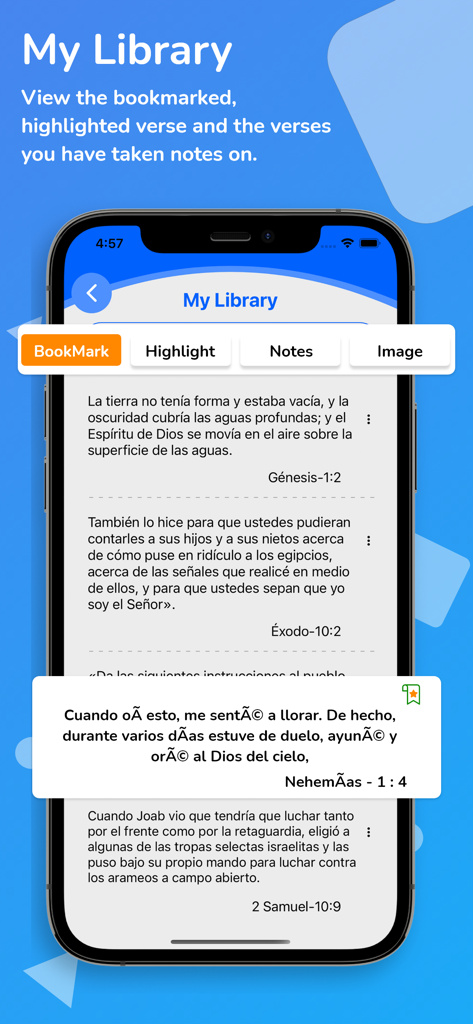 Holy Bible Reina Valera +Audio - Screenshot of the My Library screen in the Holy Bible Reina Valera app showing bookmarked and highlighted Spanish verses