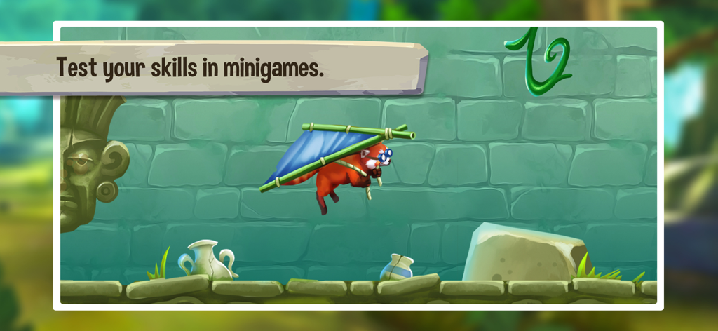 Pet World: My Red Panda - A red panda with blue goggles using a bamboo glider in an ancient ruins minigame