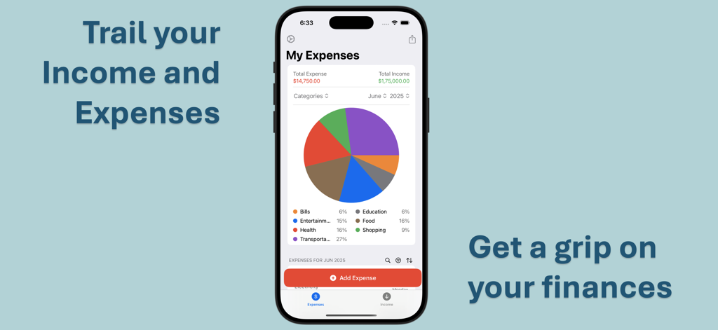 Expense Trail - Budget Tracker - iPhone screen showing the Expense Trail app with a colorful pie chart of spending categories and income