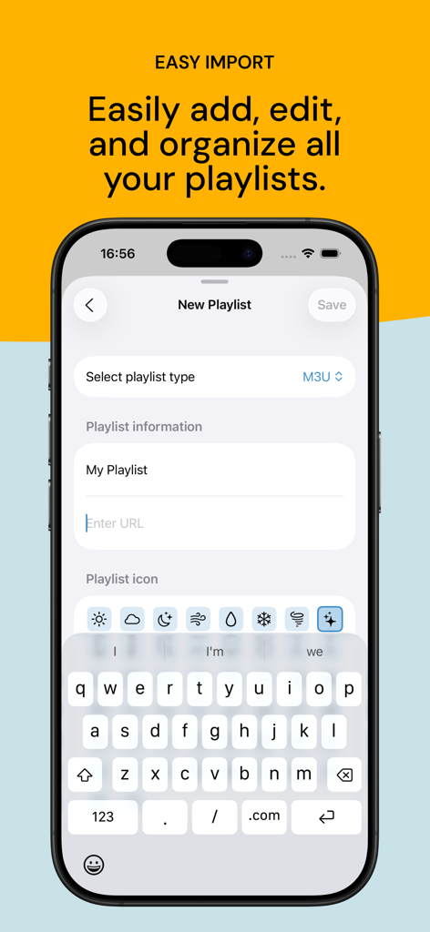 Screen showing how to easily add and edit M3U playlists in the IPTV World app