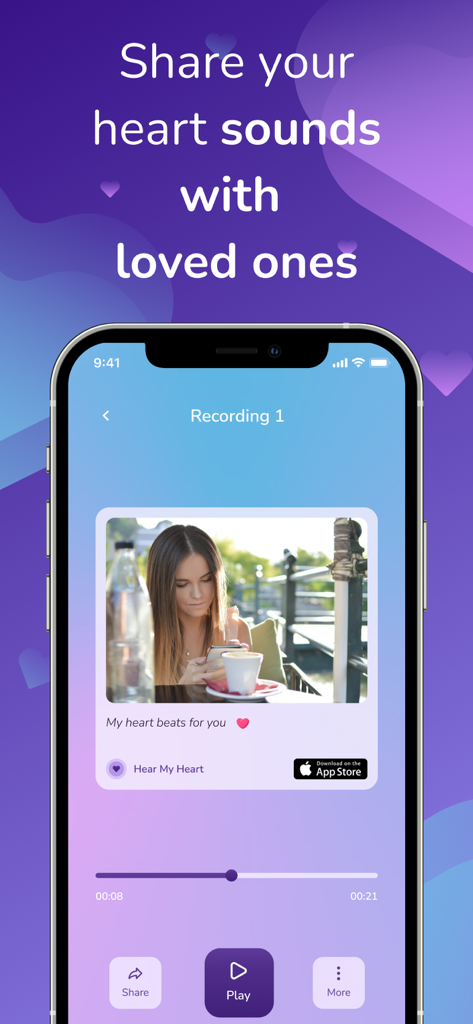 Hear my Heart Beat Monitor App - Una pantalla de smartphone mostrando la función para compartir sonidos de latidos grabados con una foto y mensaje personalizados.