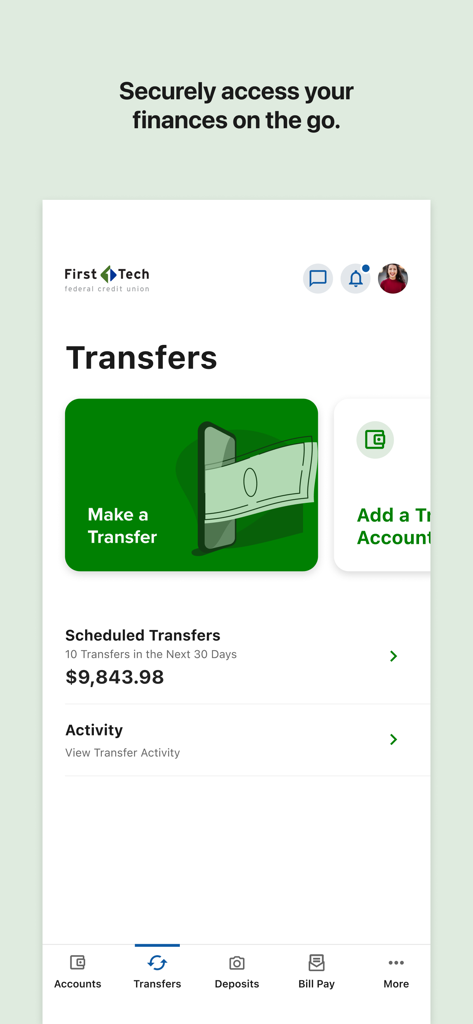 Transfers screen of the First Tech Federal Credit Union mobile app