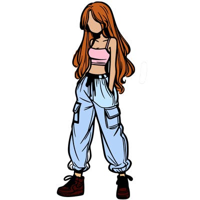girl in baggy pants crop top and long hair