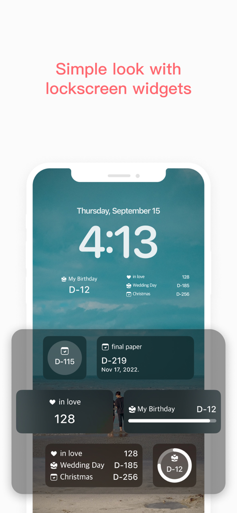 iPhone lock screen displaying various aesthetic countdown widgets for personal events