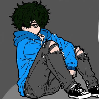 a male hoddie ripped jeans messy hair anime