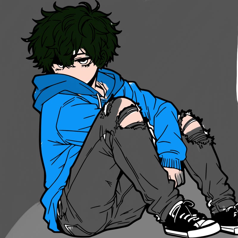 a male hoddie ripped jeans messy hair anime