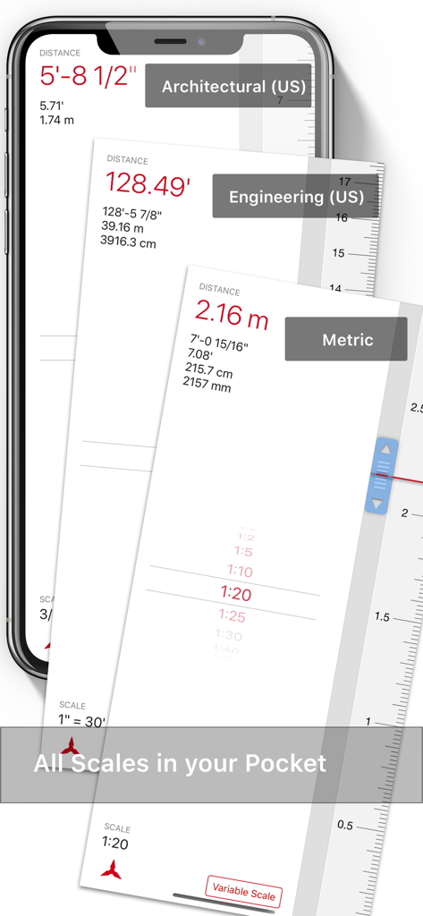 Scala Architectural Scale - Three smartphone screens displaying the Scala Architectural Scale app with US architectural engineering and metric measurement interfaces