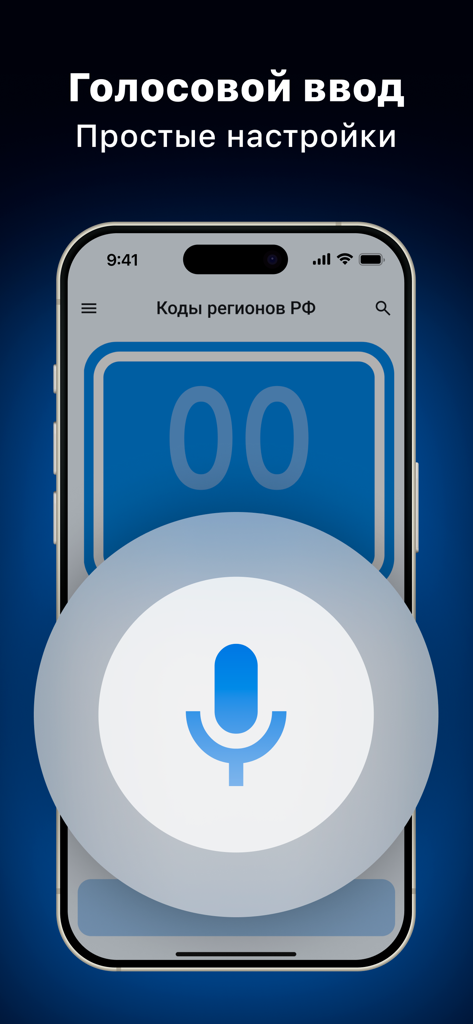 Russian car region codes app voice input screen with microphone icon