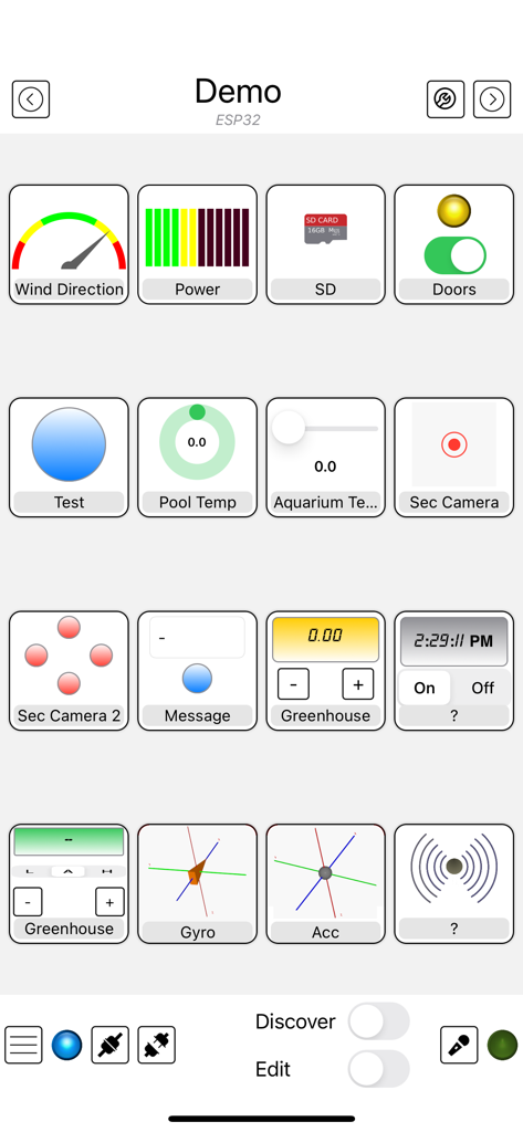 Arduino Manager app interface showing a grid of custom widgets for controlling and monitoring DIY electronic projects