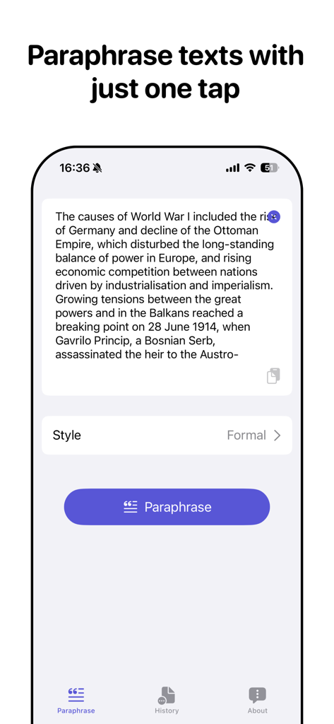 Paraphrase AI Tool - Rewriter - The Paraphrase AI Tool interface showing a text box with historical information and a formal style selection for rewriting.