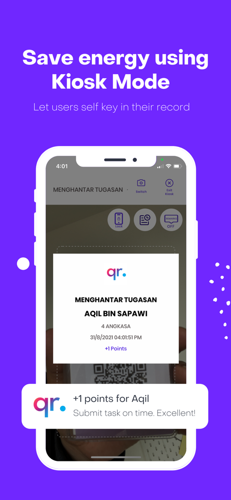 STUDENTQR POINTS for Educator - Interface showing the student self-recording kiosk mode with a QR code scan for a timely task submission