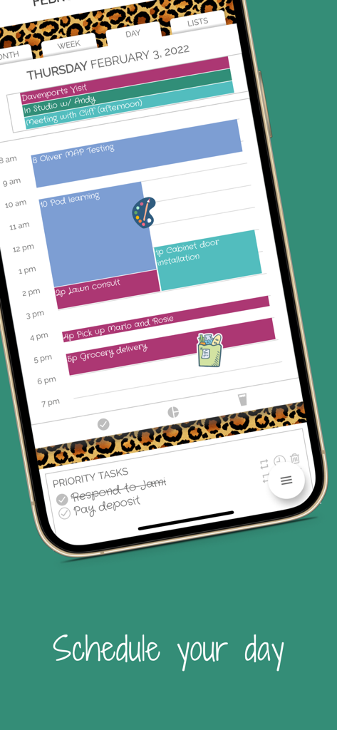 Artful Agenda mobile app displaying a colorful daily schedule with a leopard print theme and priority tasks list