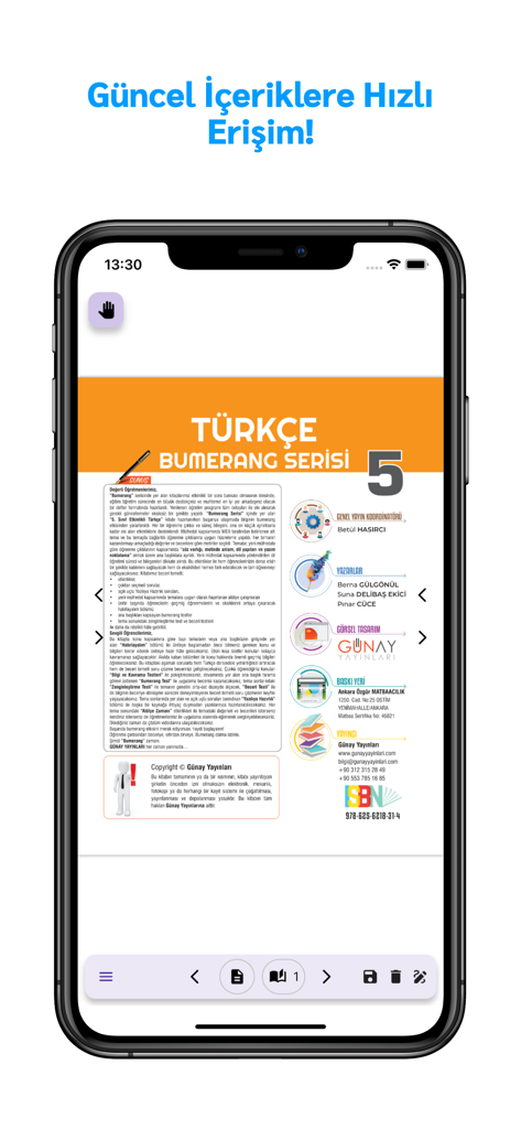 A smartphone screen displaying a digital Turkish language textbook from the GUNAY Mobil Kutuphane education app