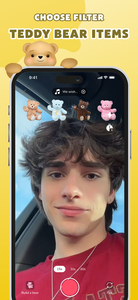 Choose Filter: Perfect Match - A young man using the build-a-bear filter in the Choose Filter: Perfect Match app with various teddy bear options displayed on screen.