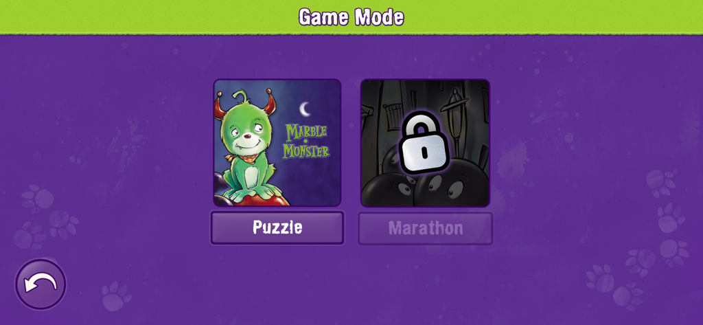 Marble Monster - Marble Monster game mode selection screen showing available Puzzle mode and locked Marathon mode