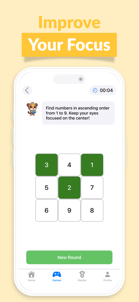 Speed Readingo: Read Faster - Speed Readingo app focus training screen showing a Schultz Table grid exercise for peripheral vision