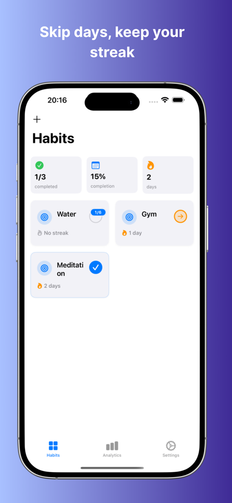 Stepwise: Habit Tracker - ミニマリストな習慣トラッカーダッシュボードに、水、ジム、瞑想の毎日の進捗と継続記録が表示されている様子