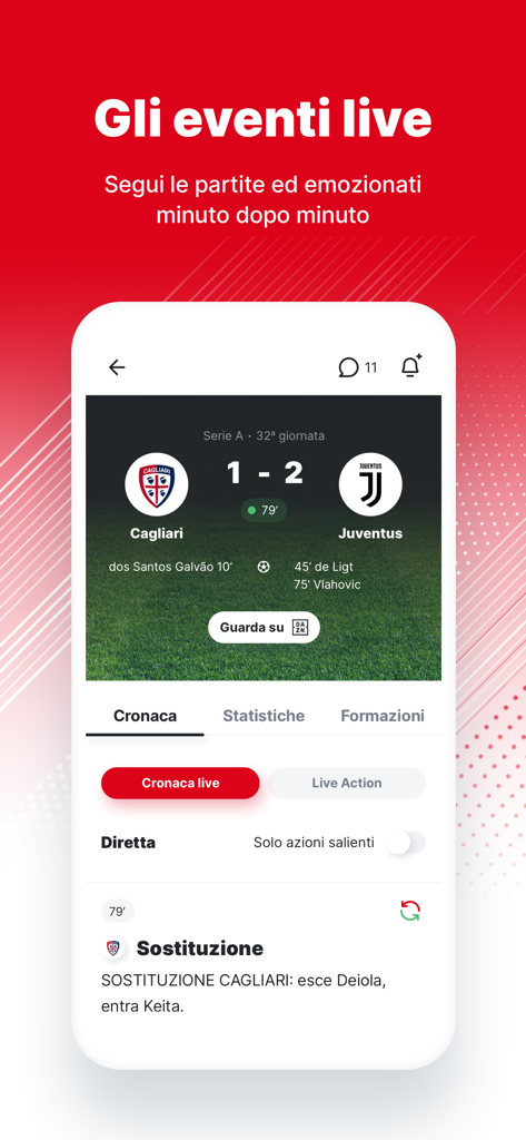 La app Corriere dello Sport mostrando un partido de fútbol en vivo de la Serie A entre Cagliari y Juventus con puntuaciones y actualizaciones en tiempo real.