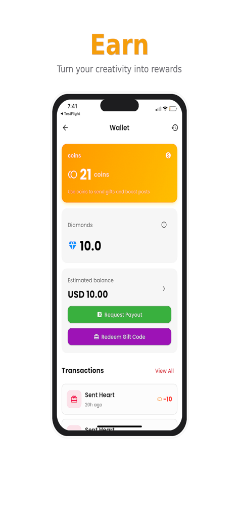 Interfaccia del portafoglio dell'app KObedi che mostra il saldo delle monete, i premi in diamanti e le opzioni di pagamento per i creator.