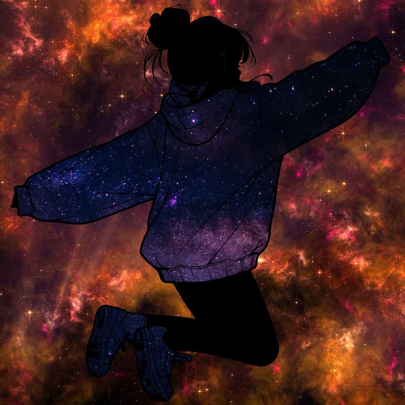 realistic girl jumping with a bun and oversized sweatshirt