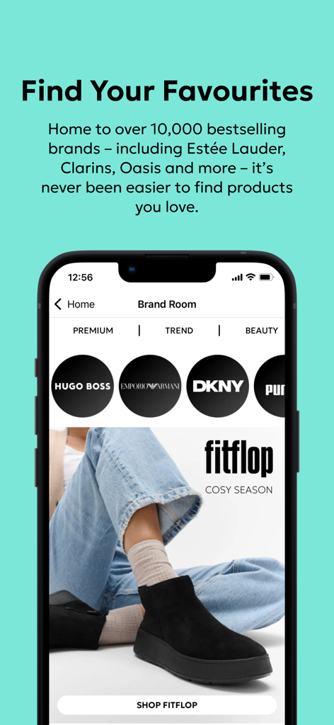 Debenhams app screen showing various fashion brands like Hugo Boss and DKNY and a featured Fitflop promotion