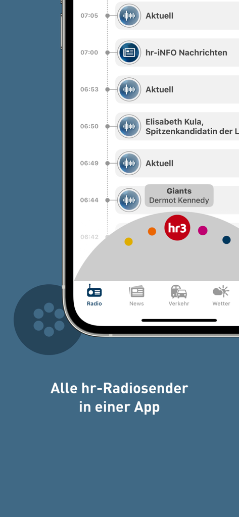 hr-iNFO App - Screenshot of the hr-iNFO app showing the radio station selection and news timeline.