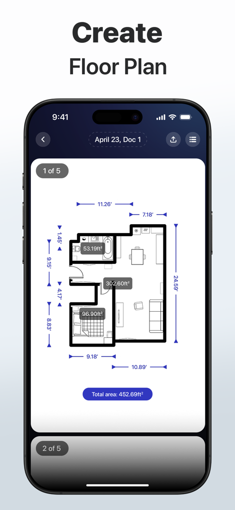 3D Snap: LiDAR Scanner & Ruler - 방 측정값과 총 면적이 스마트폰 화면에 표시된 상세 2D 평면도