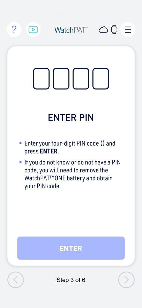 WatchPAT app interface showing the four-digit PIN entry screen for device setup