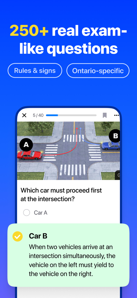 Ontario G1 Practice Test Genie - A practice question from the Ontario G1 Practice Test Genie app explaining right of way rules at an intersection