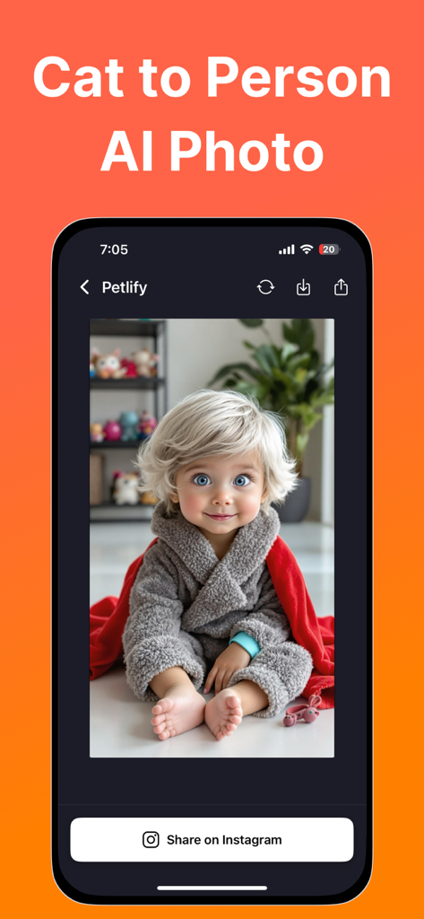 AI Pet Dance - Petlify Video - Tela do aplicativo Petlify mostrando um gato transformado em uma criança humana usando IA com um botão de compartilhamento no Instagram