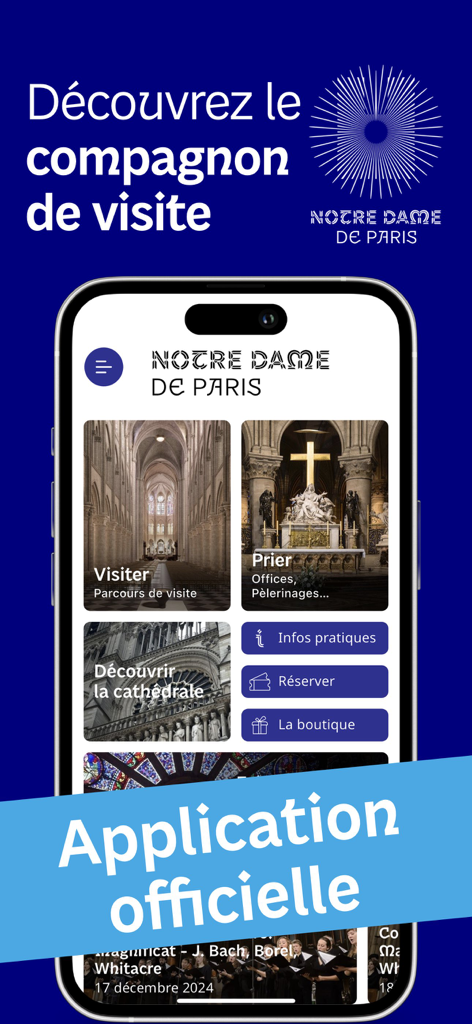 Cathédrale Notre-Dame de Paris - Official Notre Dame de Paris mobile app home screen showing menu options for visits and prayers