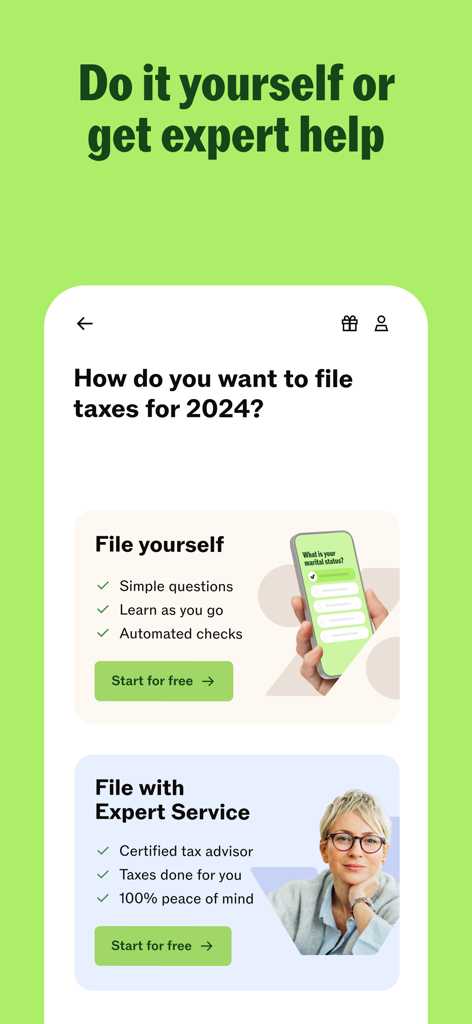 Taxfix app screen displaying options to file a tax return independently or through an expert advisor