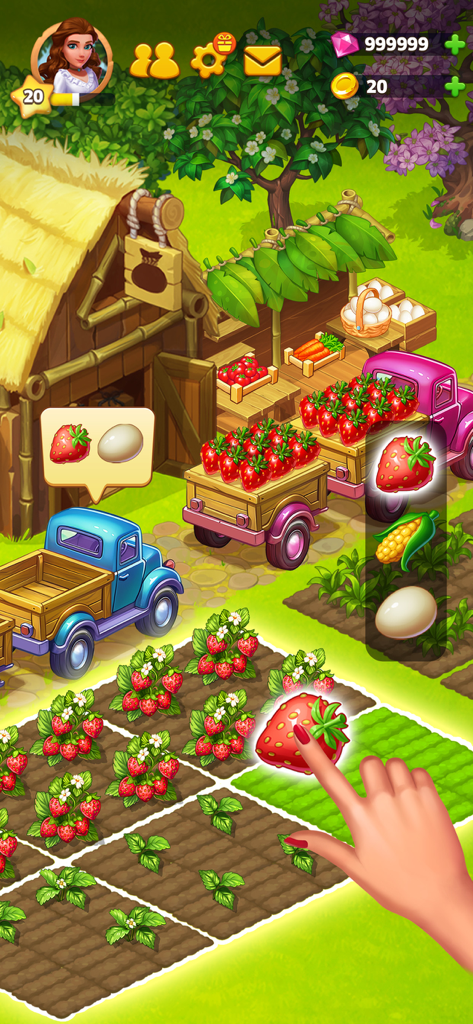 Island Hoppers: Adventure Farm - Una mano cosechando fresas de un exuberante campo de granja tropical en el juego Island Hoppers.