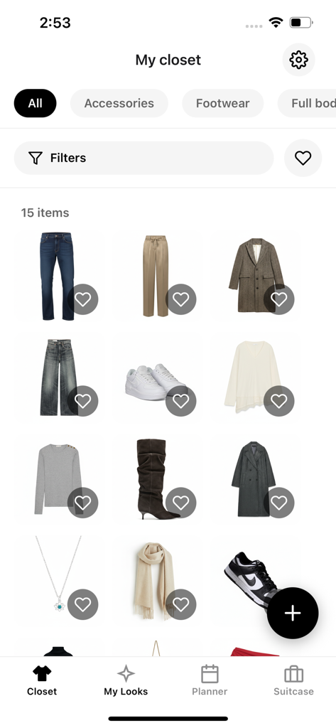 AI Dresser: Outfit Planner - Digital closet view in AI Dresser app showing a grid of clothing items and accessories