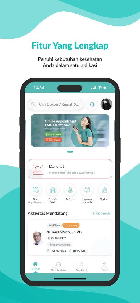 EMCare mobile app home screen showing medical appointment scheduling and emergency services