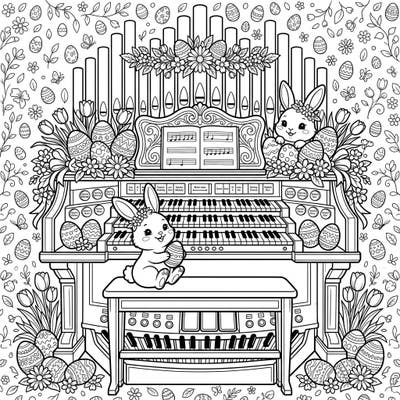 Immerse yourself in the joyful spirit of Easter with this delightful coloring page featuring an electronic organ adorned with playful bunnies and festive eggs. It's the perfect blend of music and spring celebration, ready for your artistic touch.