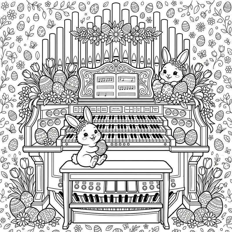 Immerse yourself in the joyful spirit of Easter with this delightful coloring page featuring an electronic organ adorned with playful bunnies and festive eggs. It's the perfect blend of music and spring celebration, ready for your artistic touch.