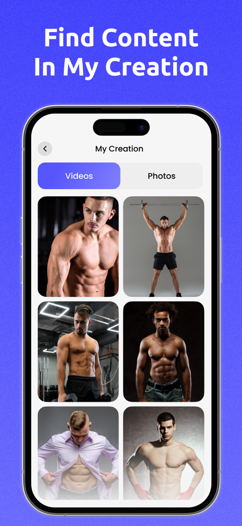 AI Body Builder : Muscle Photo - My Creation screen in the AI Body Builder app showing a grid of muscular male photo results