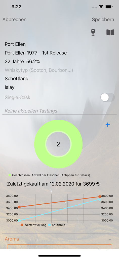 The Stillman - Die Whisky App - Detailed whisky collection management screen with value tracking chart and bottle details